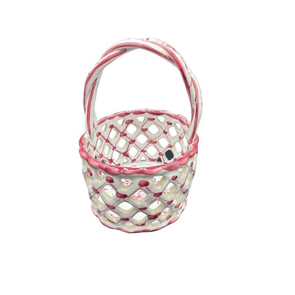 Ceramic Woven Egg Basket Portugal Hand Painted Braided Handle Pink White 7” - Picture 4 of 8